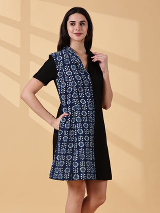 Kaya Half & Half Indigo Cotton Work Dress - Indigo & Black