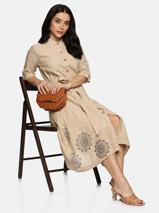 Floral Printed Round Neck A-Line Dress - Beige