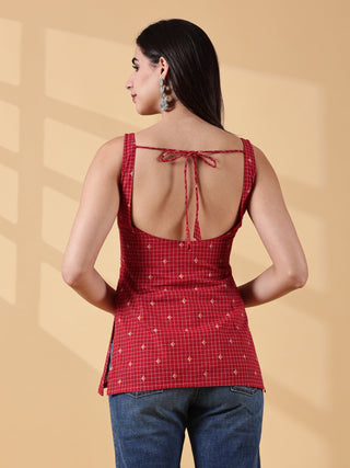 Kiyara Deep U-Back Cotton Kurti - Red