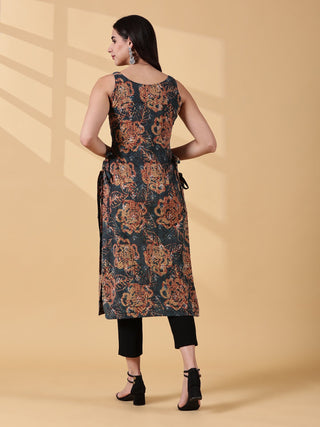 Pramiti Side-Slit Kurta-Deep Teal Earth Handblock Print