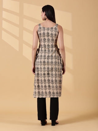 Pramiti Side-Slit Cotton Kurta - Sand Beige & Black Kalamkari