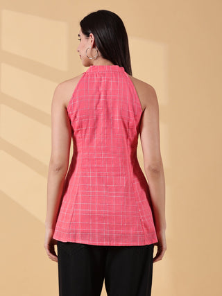 Anagha Halter Cotton Tunic - Coral Grid