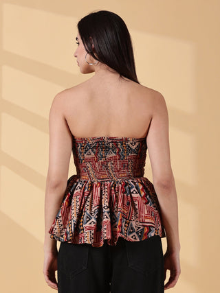 Janya Kalamkari Peplum Top - Rust & Indigo Handblock