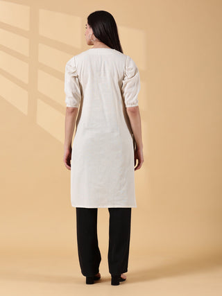 Cotton Embroidered Kurta- Ivory Bloom
