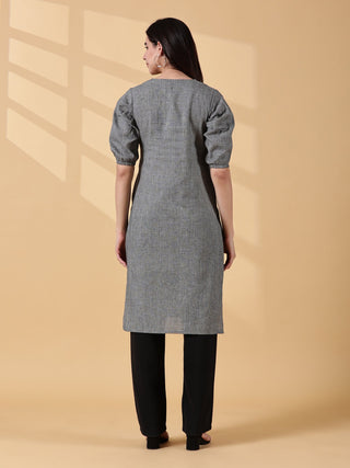 Cotton Embroidered Kurta - Slate Grey Bloom