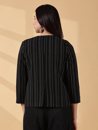 Midnight Classic Black Stripes-Rekha Handwoven Open Front Cotton Blazer