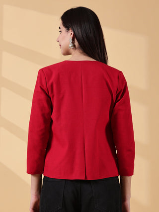 Festive Red Open-Front Blazer - Rekha Handwoven Cotton