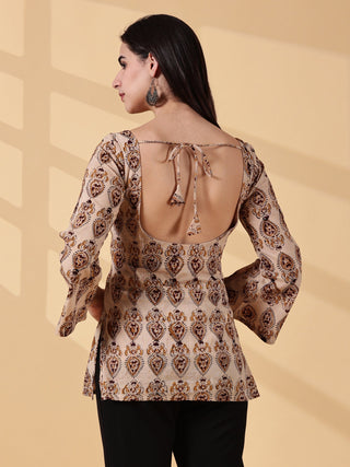 Tisha Full Sleeves Deep U-Back Cotton Kurti - Beige Kalamkari