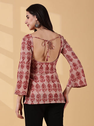 Disha Deep U-Back Cotton Kurti - Rose Red Kalamkari