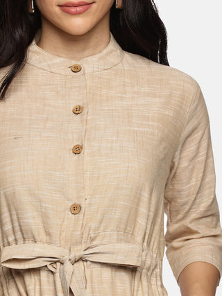 Floral Printed Round Neck A-Line Dress - Beige