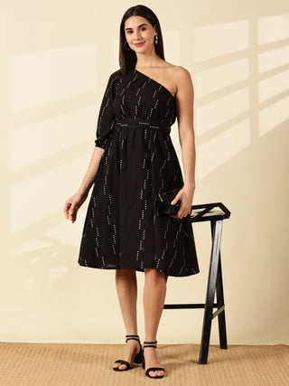Selene One-Shoulder Midi Dress - Black