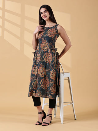 Pramiti Side-Slit Kurta-Deep Teal Earth Handblock Print