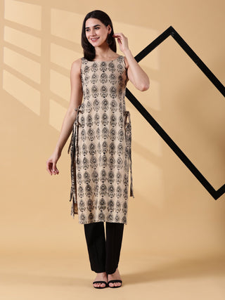 Pramiti Side-Slit Cotton Kurta - Sand Beige & Black Kalamkari