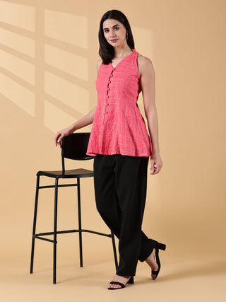 Anagha Halter Cotton Tunic - Coral Grid
