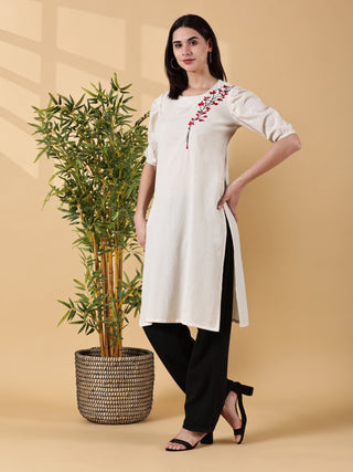 Cotton Embroidered Kurta- Ivory Bloom