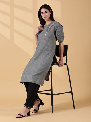 Cotton Embroidered Kurta - Slate Grey Bloom