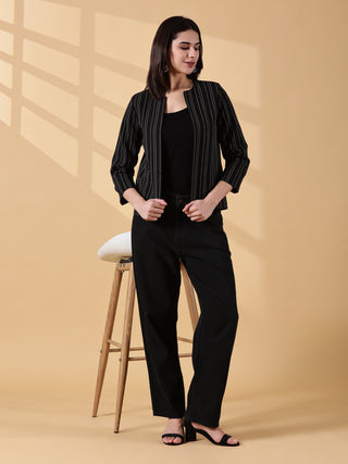 Midnight Classic Black Stripes-Rekha Handwoven Open Front Cotton Blazer