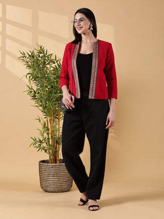 Festive Red Open-Front Blazer - Rekha Handwoven Cotton