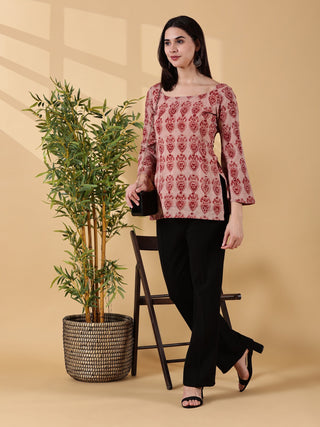 Disha Deep U-Back Cotton Kurti - Rose Red Kalamkari