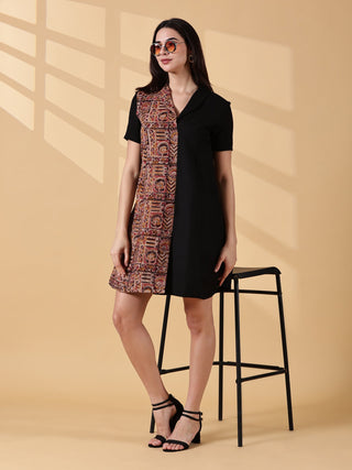 Kaya Half & Half Cotton Work Dress - Kalamkari & Black