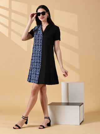 Kaya Half & Half Indigo Cotton Work Dress - Indigo & Black