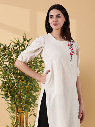 Cotton Embroidered Kurta- Ivory Bloom