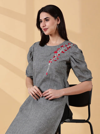Cotton Embroidered Kurta - Slate Grey Bloom