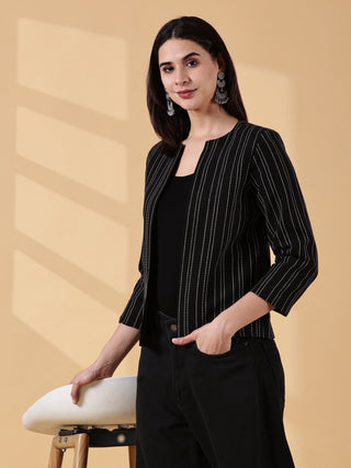 Midnight Classic Black Stripes-Rekha Handwoven Open Front Cotton Blazer