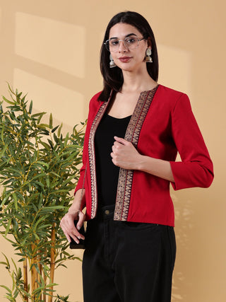 Festive Red Open-Front Blazer - Rekha Handwoven Cotton