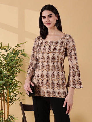 Tisha Full Sleeves Deep U-Back Cotton Kurti - Beige Kalamkari