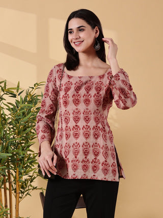 Disha Deep U-Back Cotton Kurti - Rose Red Kalamkari
