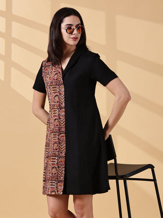 Kaya Half & Half Cotton Work Dress - Kalamkari & Black