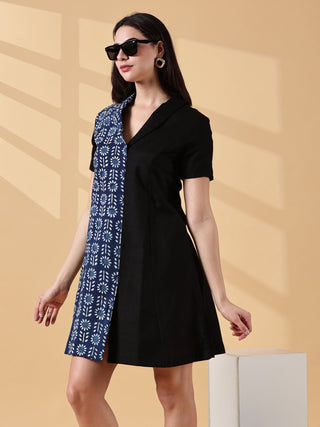 Kaya Half & Half Indigo Cotton Work Dress - Indigo & Black