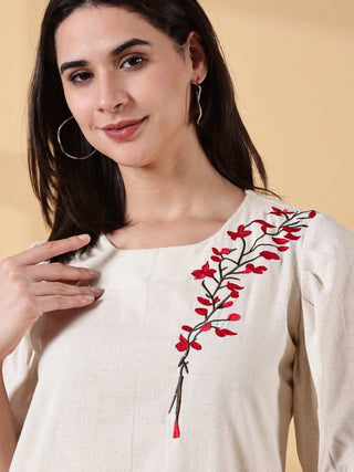 Cotton Embroidered Kurta- Ivory Bloom