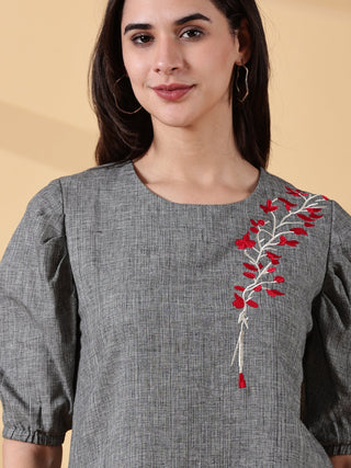 Cotton Embroidered Kurta - Slate Grey Bloom