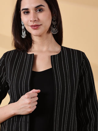 Midnight Classic Black Stripes-Rekha Handwoven Open Front Cotton Blazer