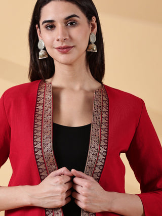 Festive Red Open-Front Blazer - Rekha Handwoven Cotton