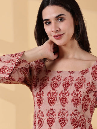 Disha Deep U-Back Cotton Kurti - Rose Red Kalamkari