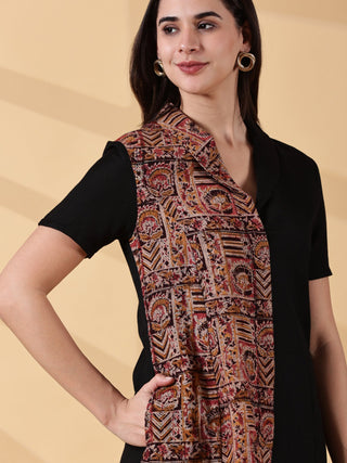 Kaya Half & Half Cotton Work Dress - Kalamkari & Black