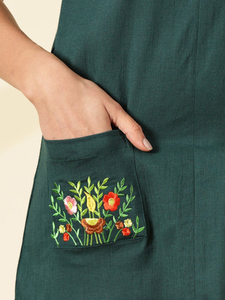 Sage Blossom Pocket Dress - Dark Green