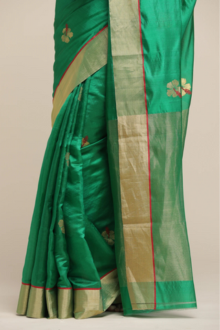 Green saree with gold border on a beige background
