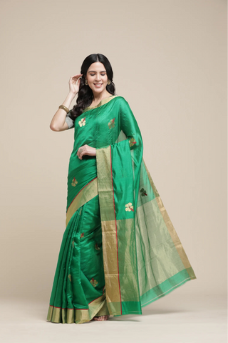 Woman wearing a green saree with gold border on a beige background