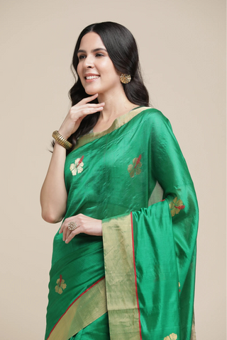Woman wearing a green saree with floral patterns on a beige background