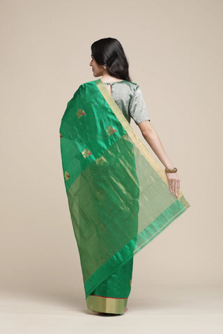 Woman wearing a green saree with a beige background