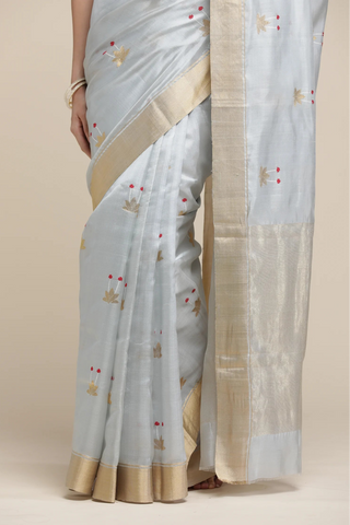Light blue saree with gold border on a beige background