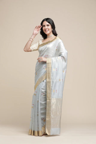 Woman wearing a light gray saree with gold border on a beige background