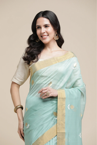 Woman wearing a light blue saree with gold border on a beige background