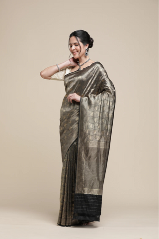 Woman wearing a traditional saree with a metallic finish on a beige background
