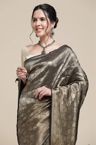 Woman wearing a traditional saree with a beige background