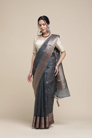 Woman wearing a traditional saree with a plain background